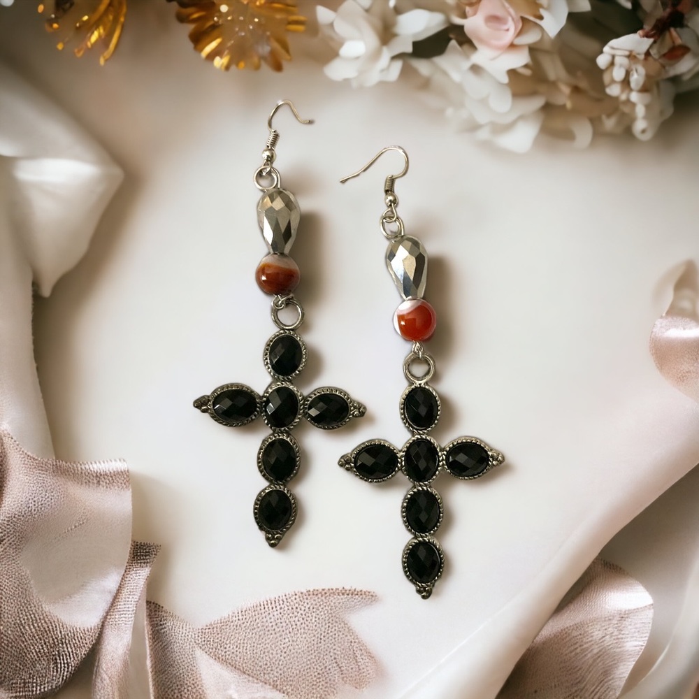 Onyx Cross Red Jasper Bead Statement Dangle Earrings